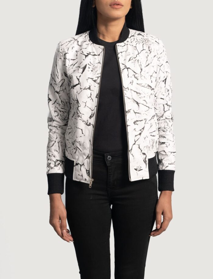 Ivory Mist White Leather Bomber Jacket for Women