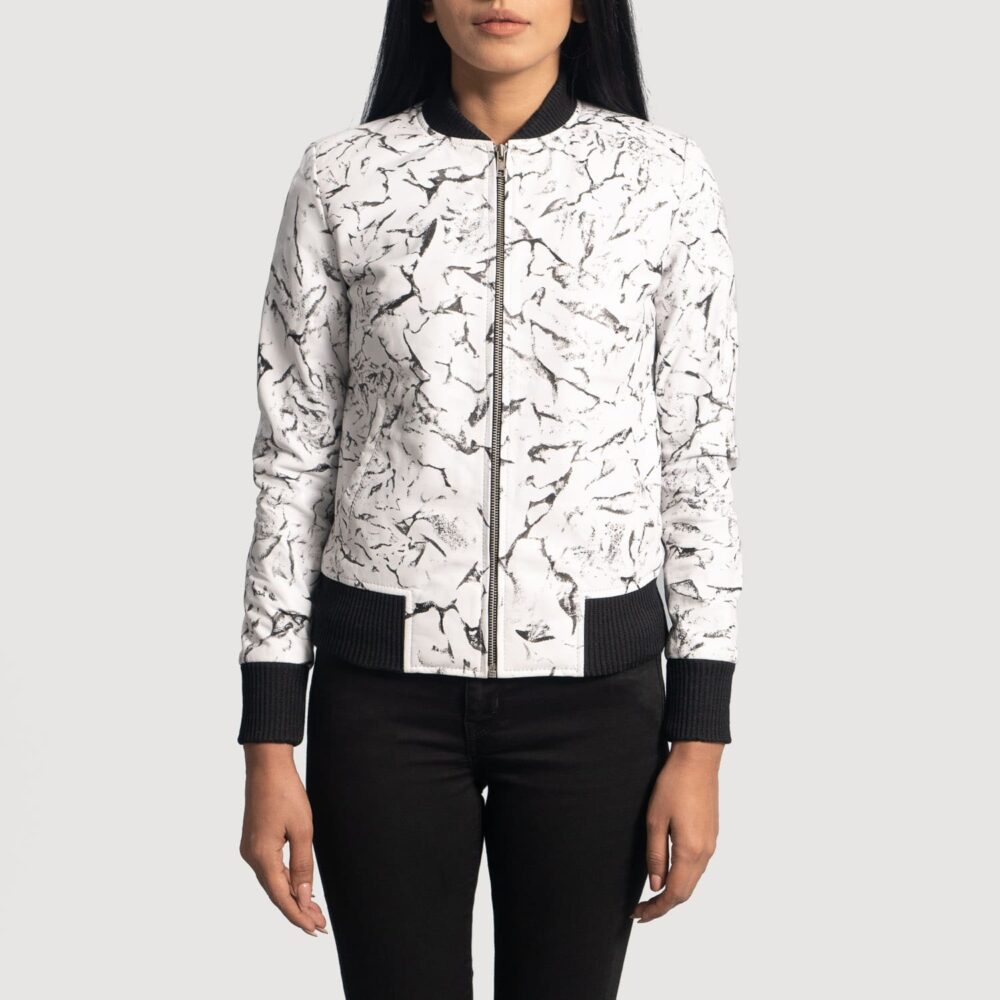 Ivory Mist White Leather Bomber Jacket for Women