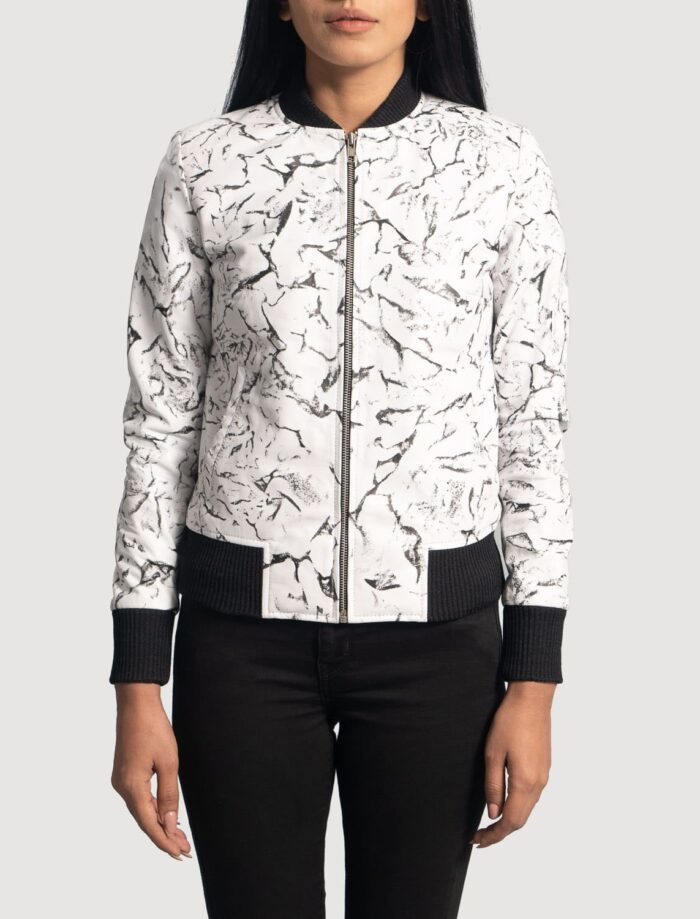 Ivory Mist White Leather Bomber Jacket for Women