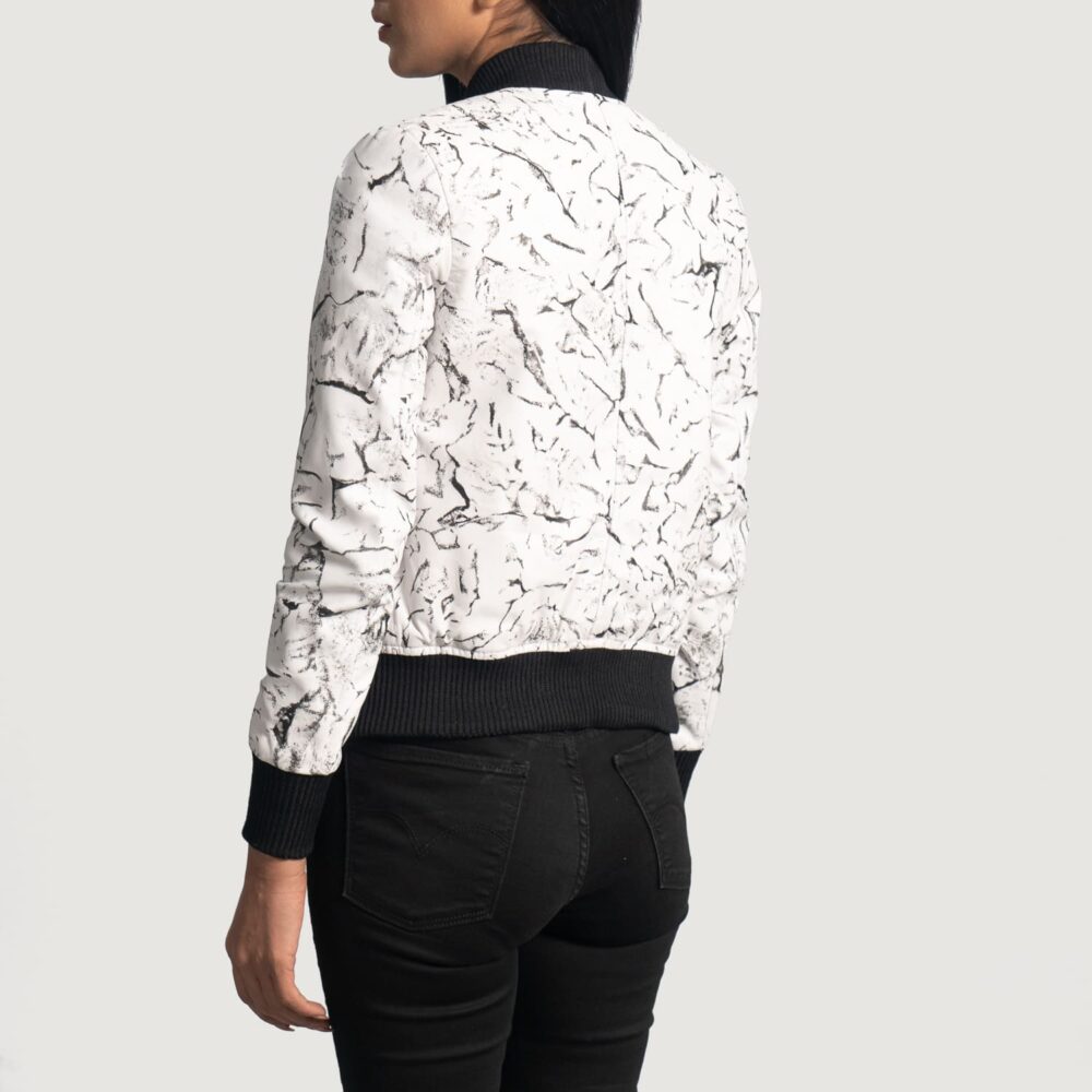 Ivory Mist White Leather Bomber Jacket for Women