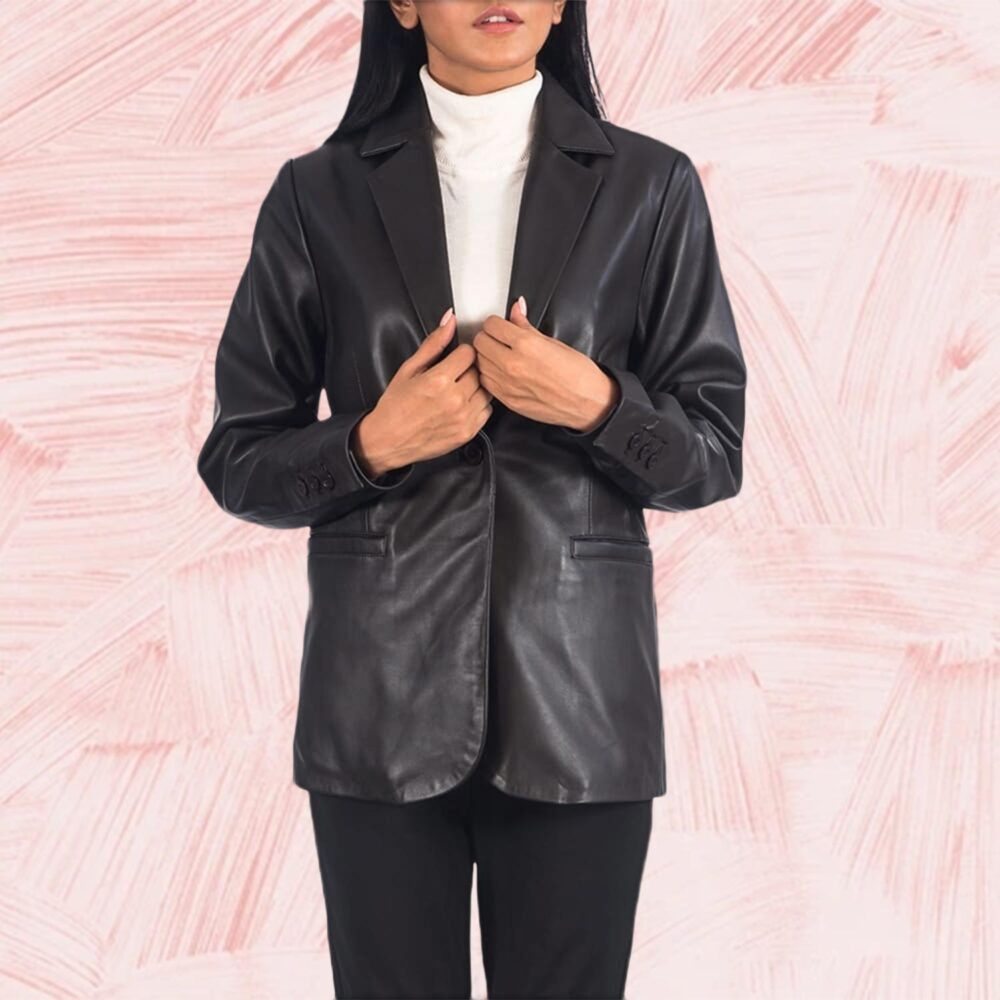 Elara Brown Leather Blazer for Women