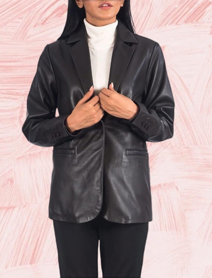 Elara Brown Leather Blazer for Women
