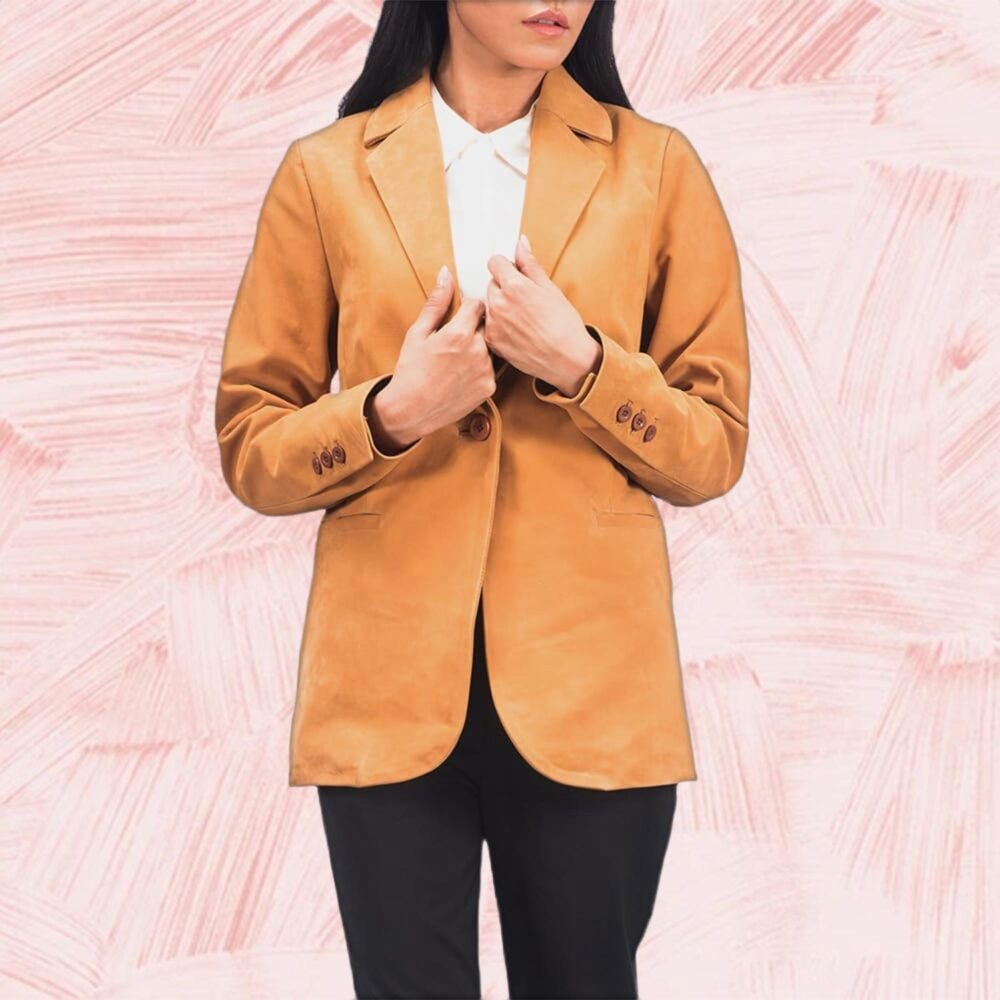 Elara Brown Nubuck Leather Blazer for Women