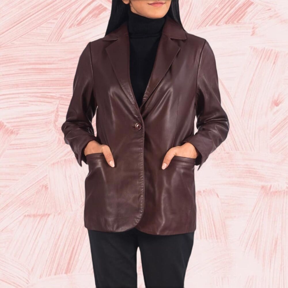 Elara Maroon Leather Blazer for Women