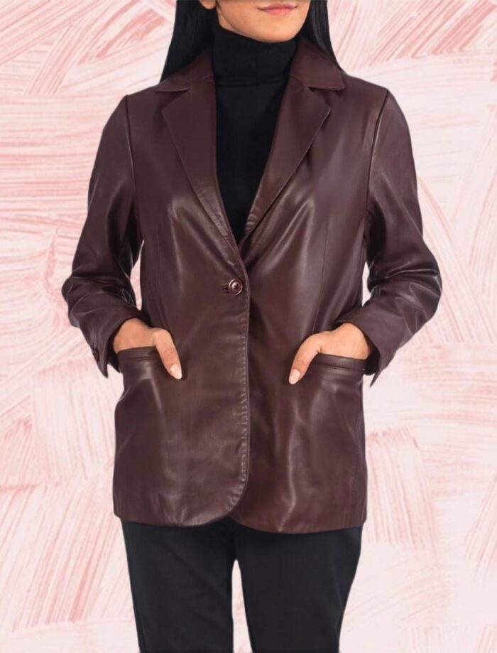 Elara Maroon Leather Blazer for Women