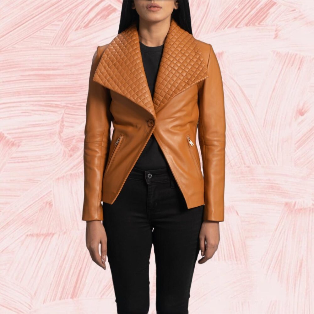 Elara Tan Brown Leather Blazer for Women