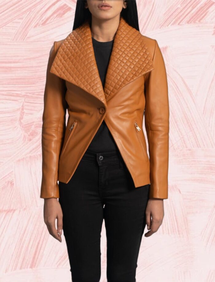 Elara Tan Brown Leather Blazer for Women