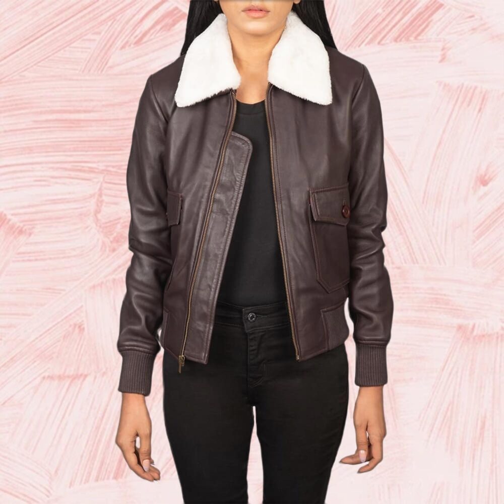 Elise G-1 Maroon Leather Bomber Jacket for Women