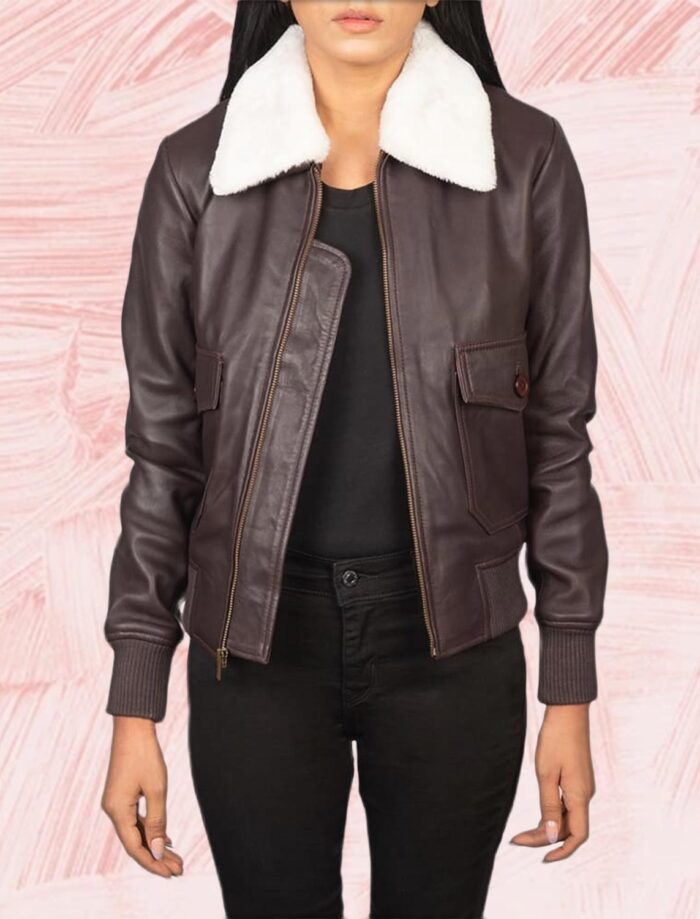 Elise G-1 Maroon Leather Bomber Jacket for Women