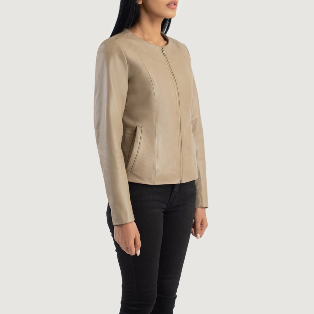 Nova Beige Collarless Leather Jacket for Women