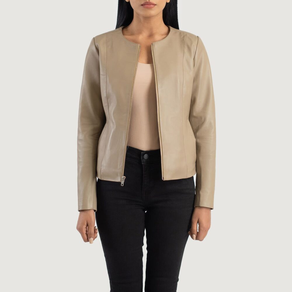 Nova Beige Collarless Leather Jacket for Women