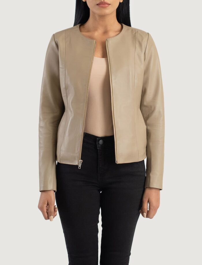 Nova Beige Collarless Leather Jacket for Women