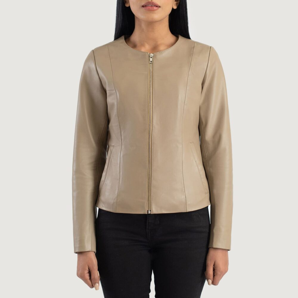 Nova Beige Collarless Leather Jacket for Women