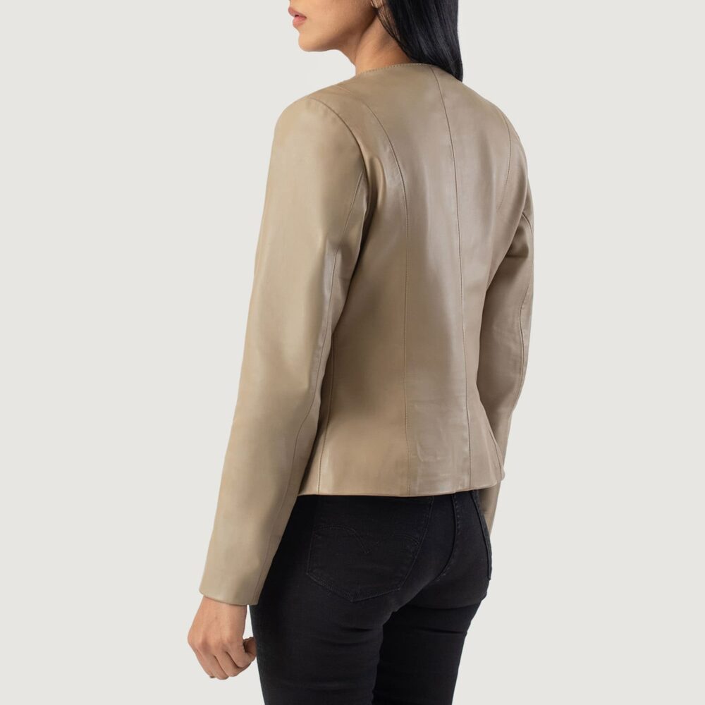 Nova Beige Collarless Leather Jacket for Women