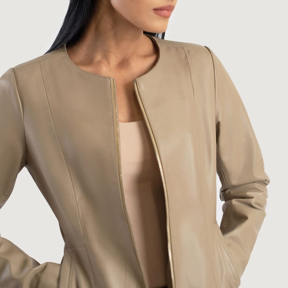 Nova Beige Collarless Leather Jacket for Women