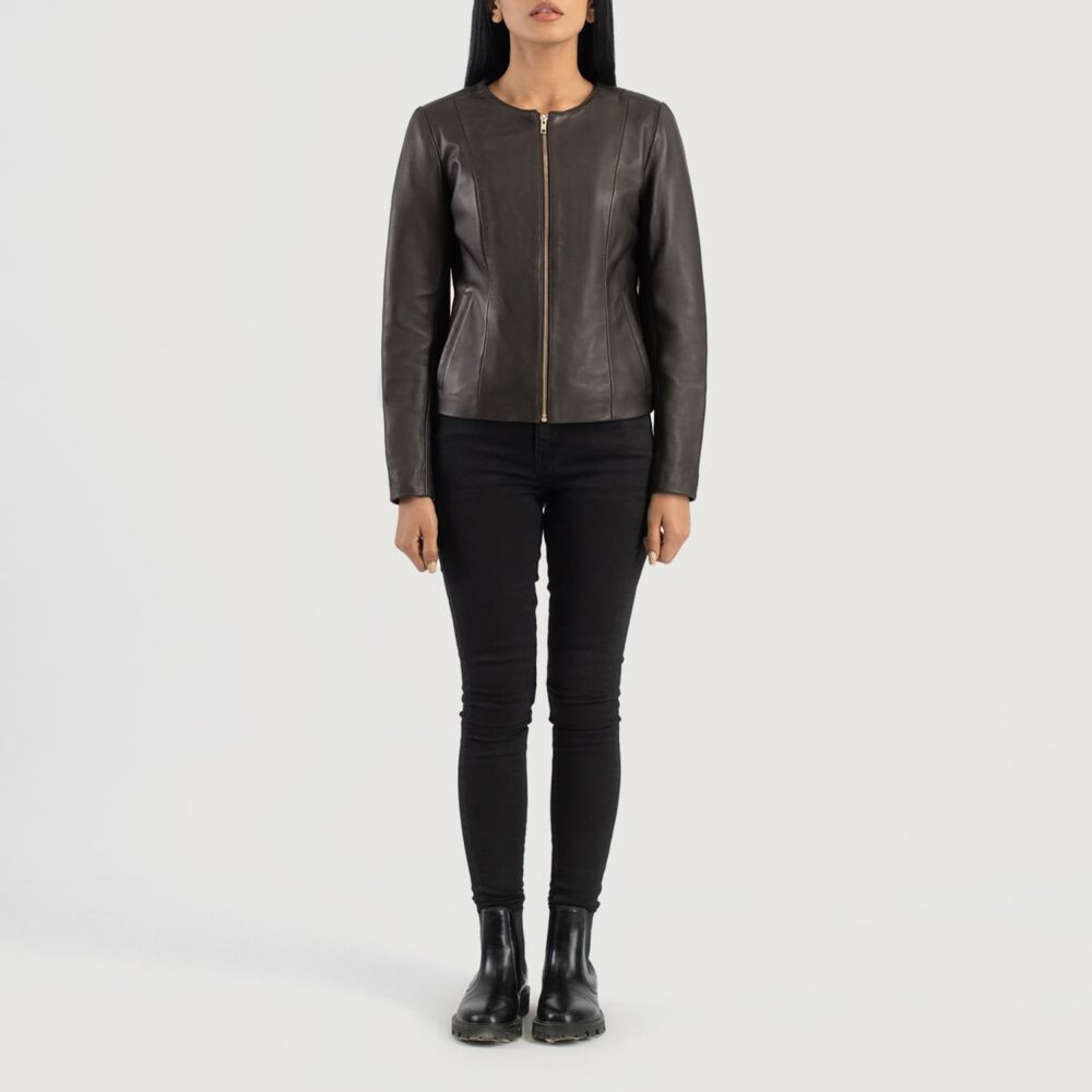 Nova Brown Collarless Leather Jacket for Women