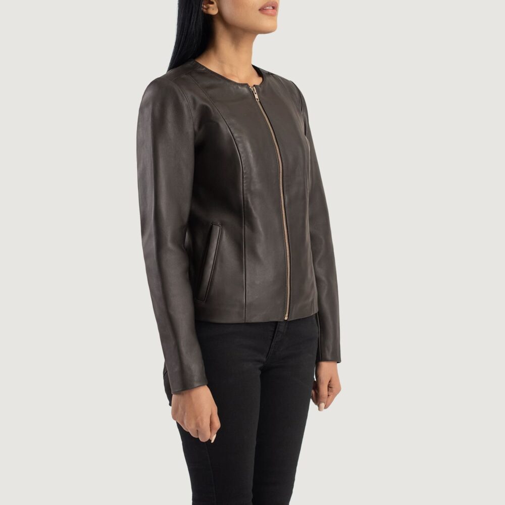 Nova Brown Collarless Leather Jacket for Women