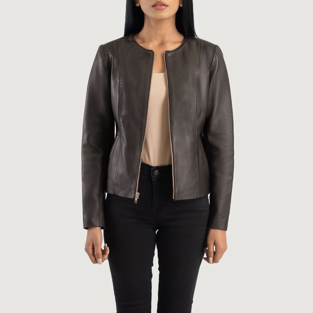 Nova Brown Collarless Leather Jacket for Women