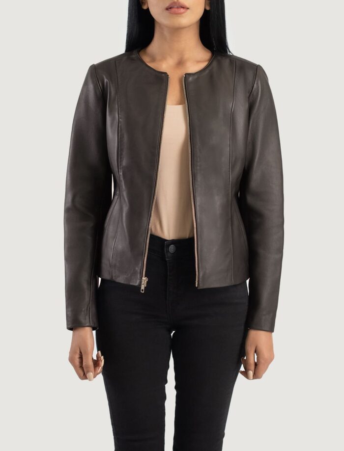 Nova Brown Collarless Leather Jacket for Women