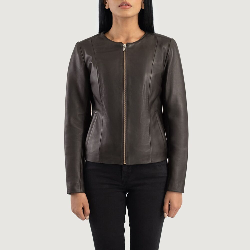 Nova Brown Collarless Leather Jacket for Women