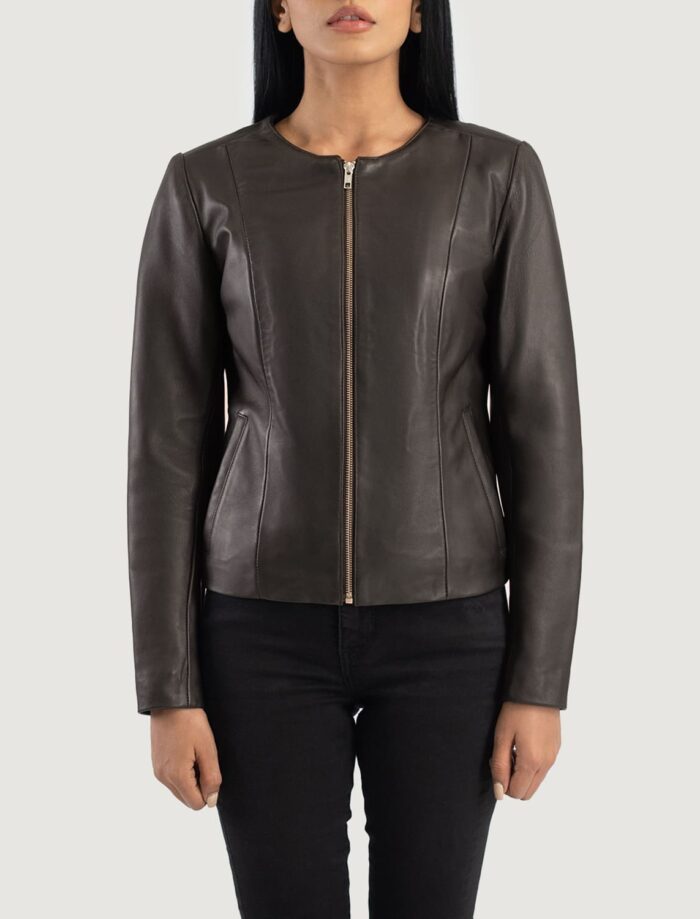 Nova Brown Collarless Leather Jacket for Women