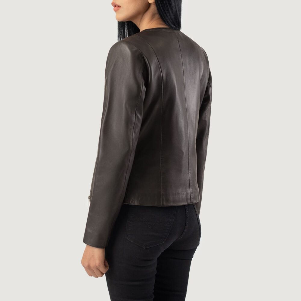 Nova Brown Collarless Leather Jacket for Women