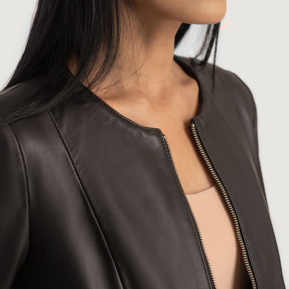 Nova Brown Collarless Leather Jacket for Women