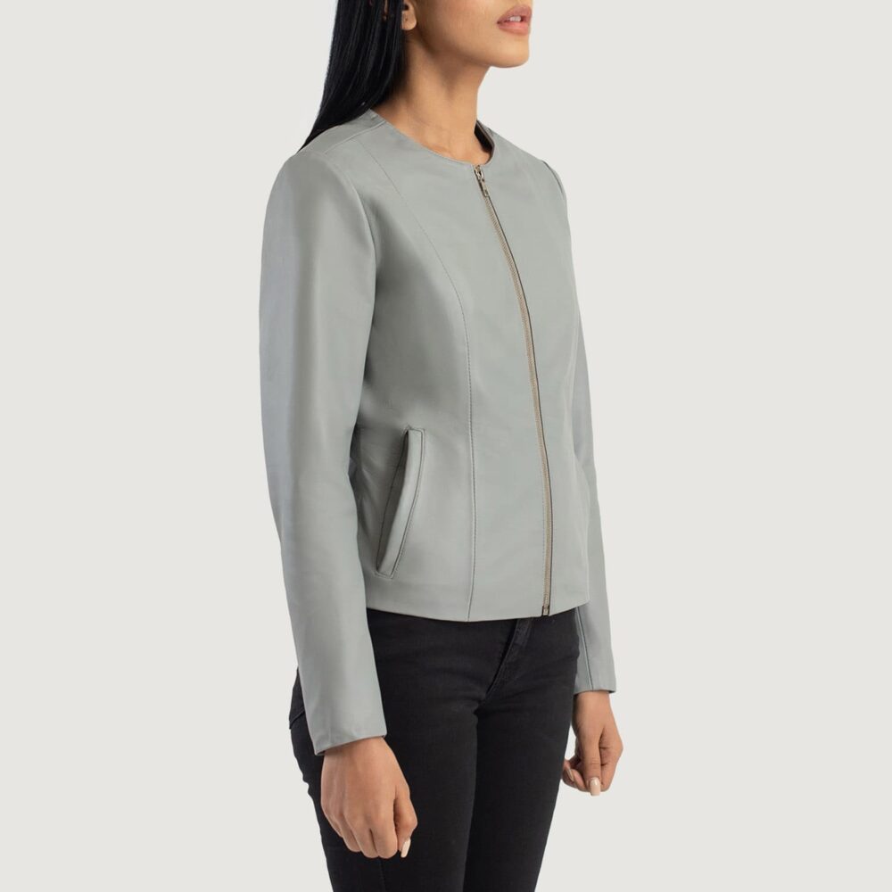 Nova Grey Collarless Leather Jacket for Women