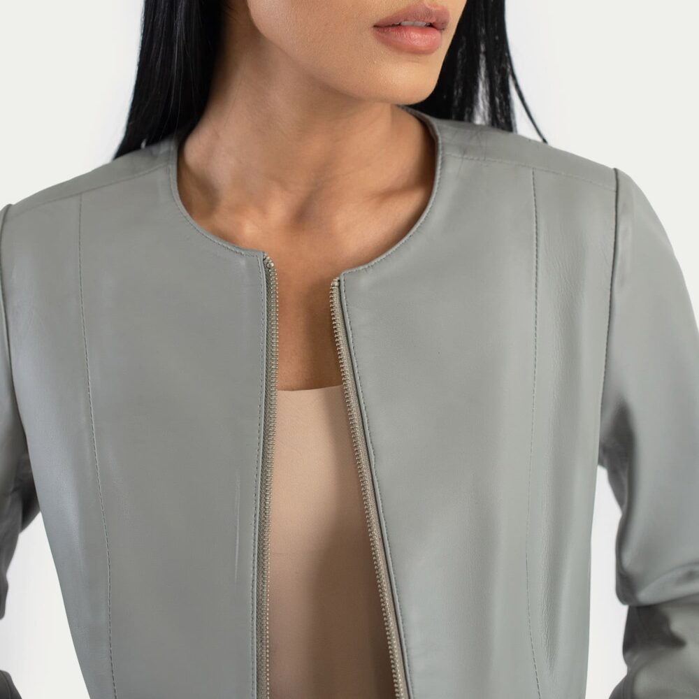 Nova Grey Collarless Leather Jacket for Women