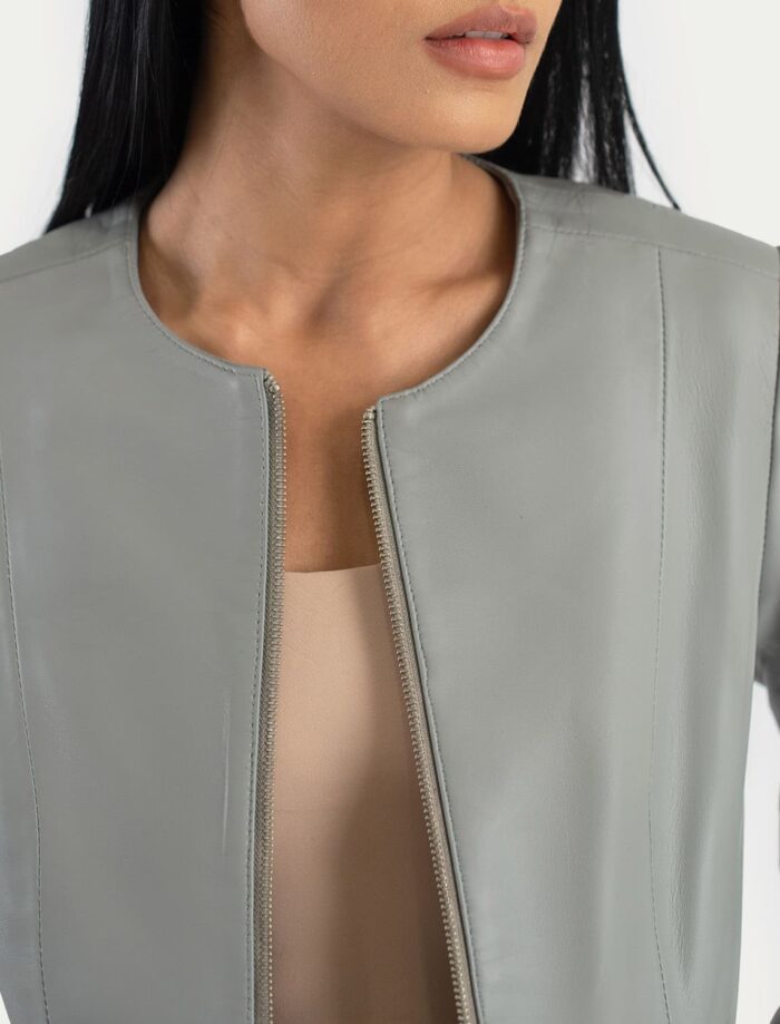 Nova Grey Collarless Leather Jacket for Women