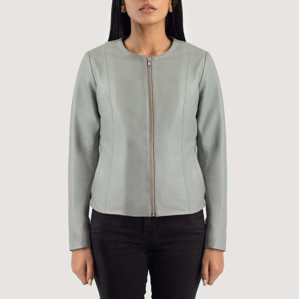 Nova Grey Collarless Leather Jacket for Women