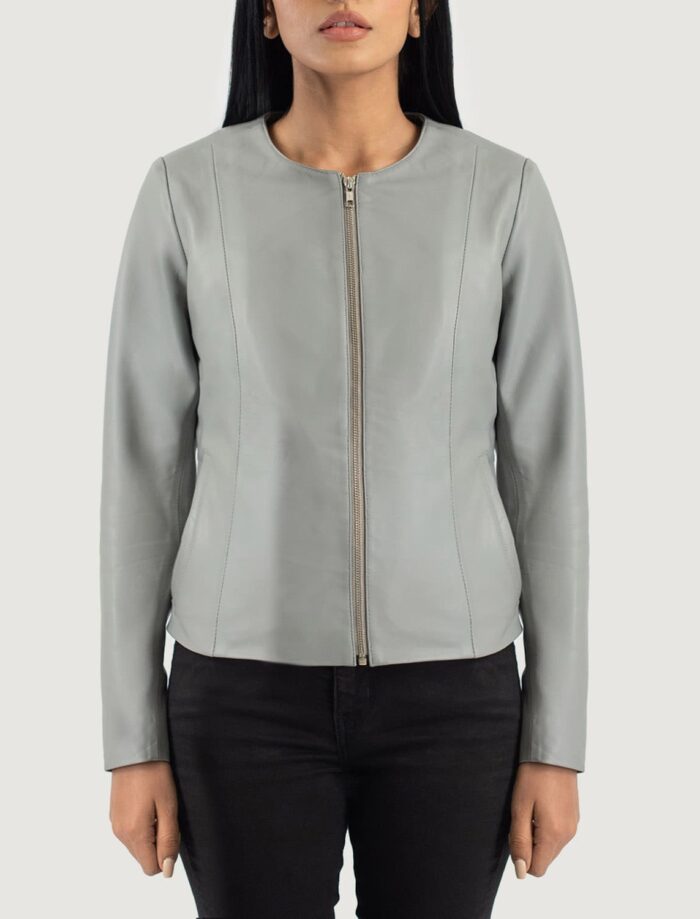 Nova Grey Collarless Leather Jacket for Women