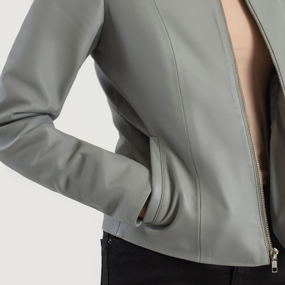 Nova Grey Collarless Leather Jacket for Women