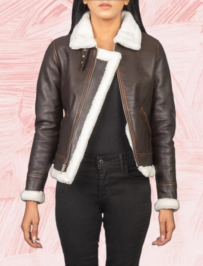 Elowen B-3 Brown Shearling Leather Bomber Jacket for Women