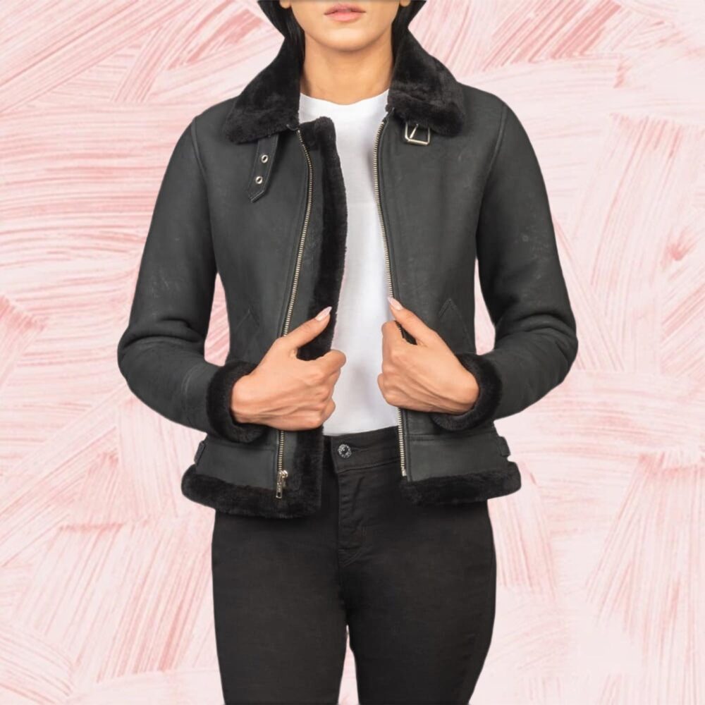 Elowen B-3 Distressed Black Shearling Leather Bomber Jacket for Women