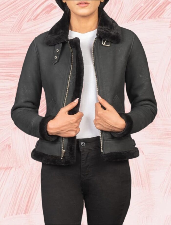 Elowen B-3 Distressed Black Shearling Leather Bomber Jacket for Women