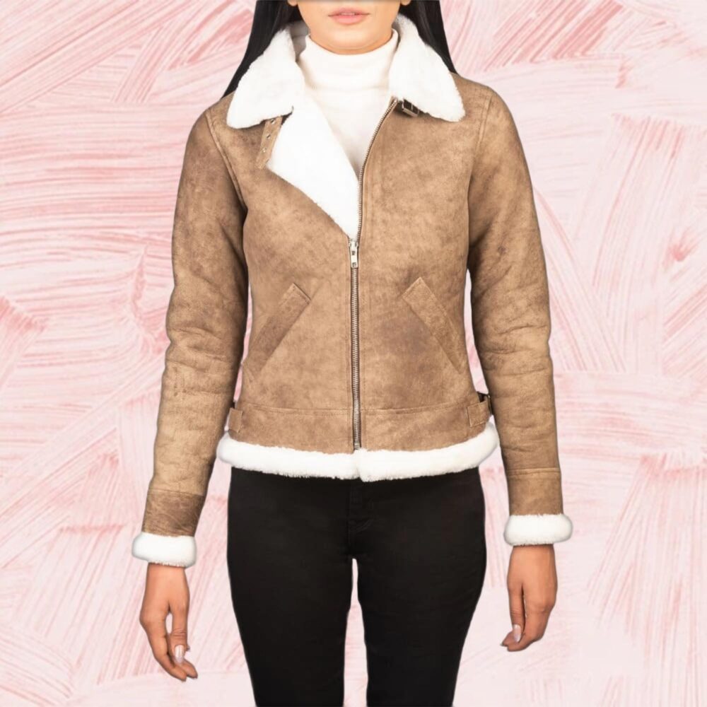 Elowen B-3 Distressed Brown Shearling Leather Bomber Jacket for Women