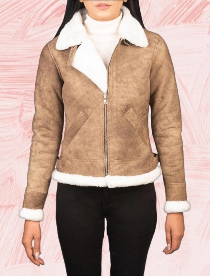 Elowen B-3 Distressed Brown Shearling Leather Bomber Jacket for Women