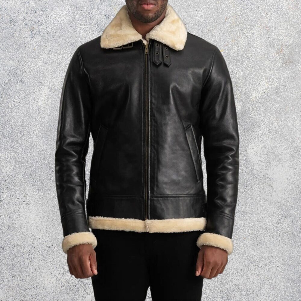 Falcon B-3 Black & Cream Leather Bomber Jacket for Men