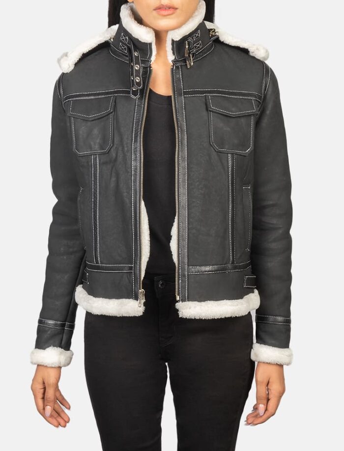 Selene Black Shearling Hooded Leather Jacket for Women