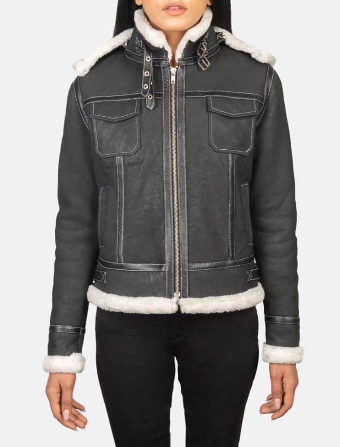 Selene Black Shearling Hooded Leather Jacket for Women