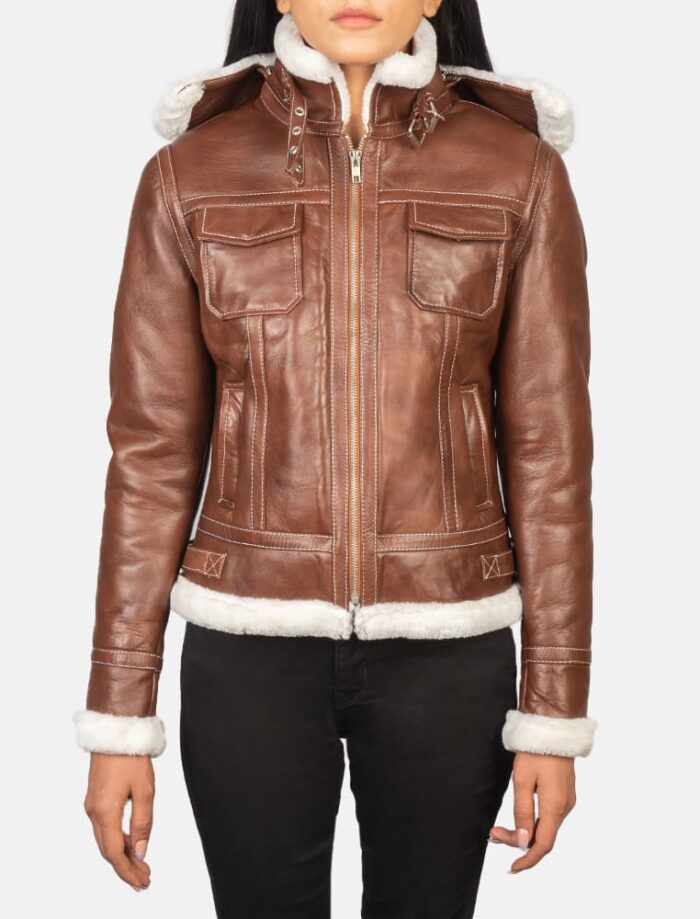 Selene Brown Shearling Hooded Leather Jacket for Women