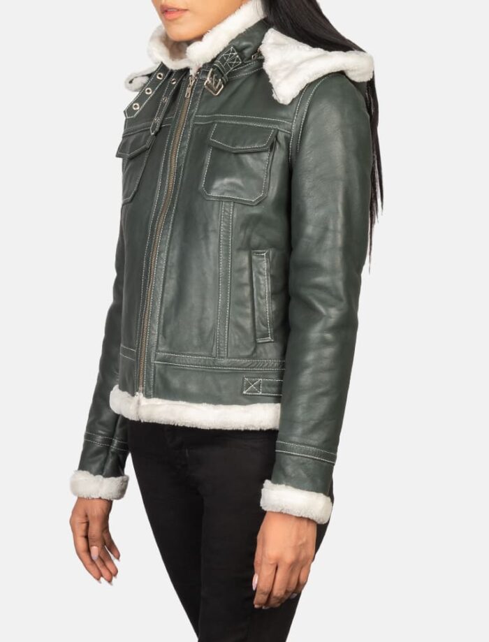 Selene Green Shearling Hooded Leather Jacket for Women