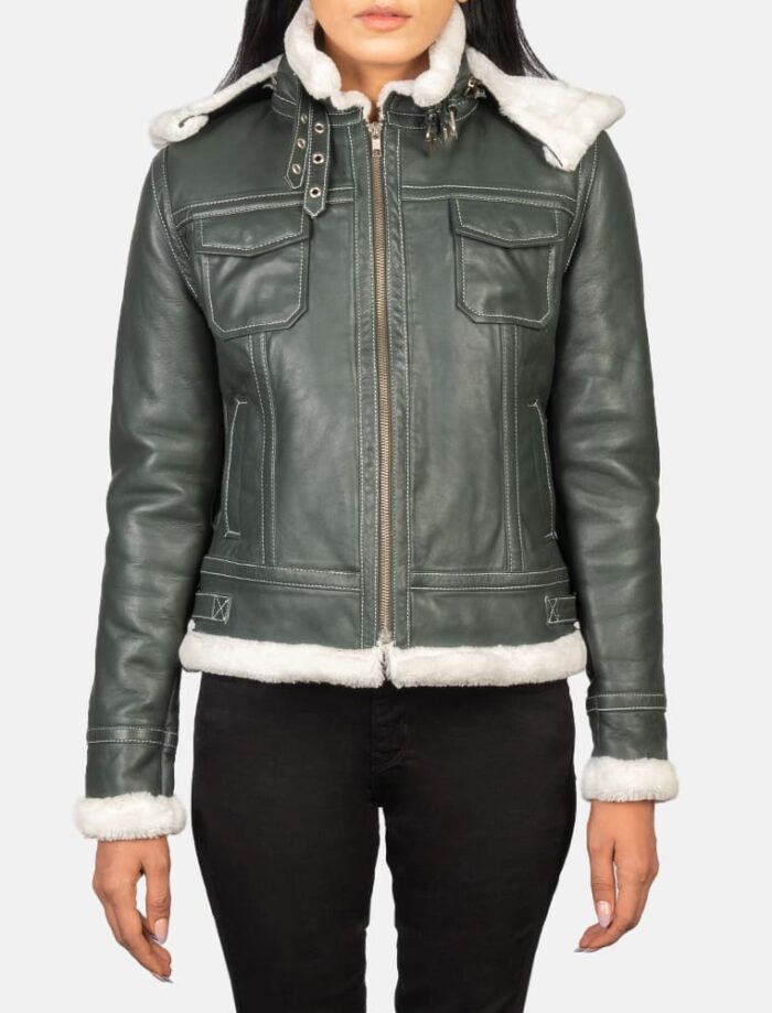 Selene Green Shearling Hooded Leather Jacket for Women