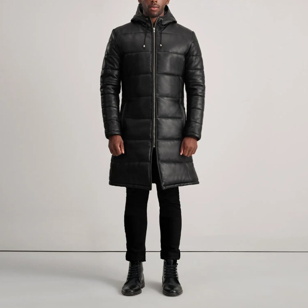 Kian Black Hooded Leather Puffer Coat for Men