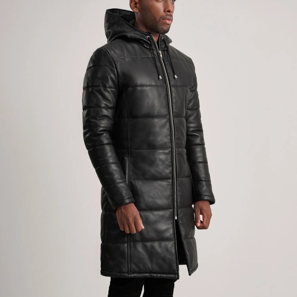 Kian Black Hooded Leather Puffer Coat for Men