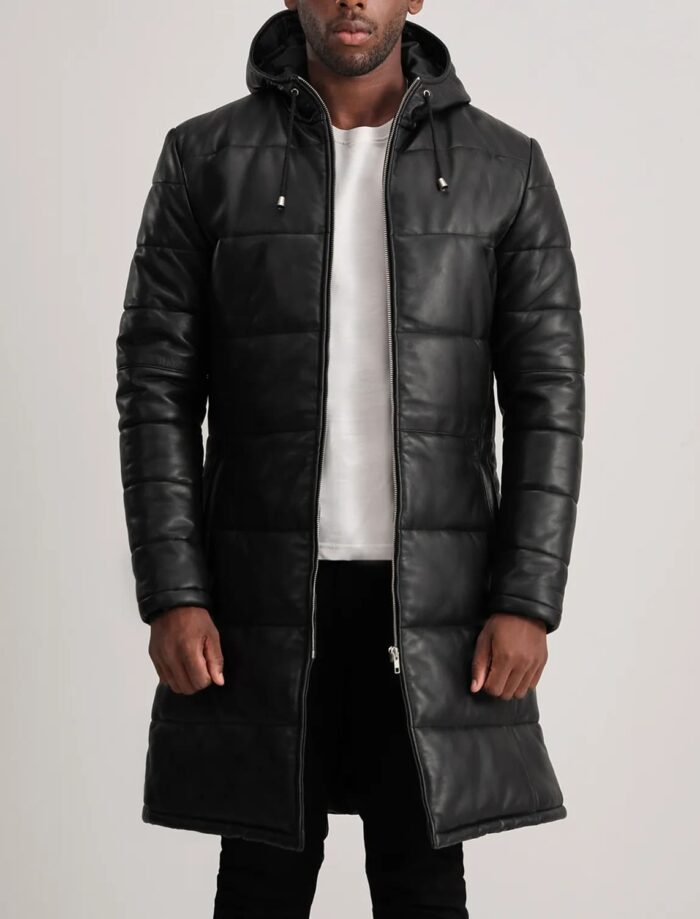 Kian Black Hooded Leather Puffer Coat for Men