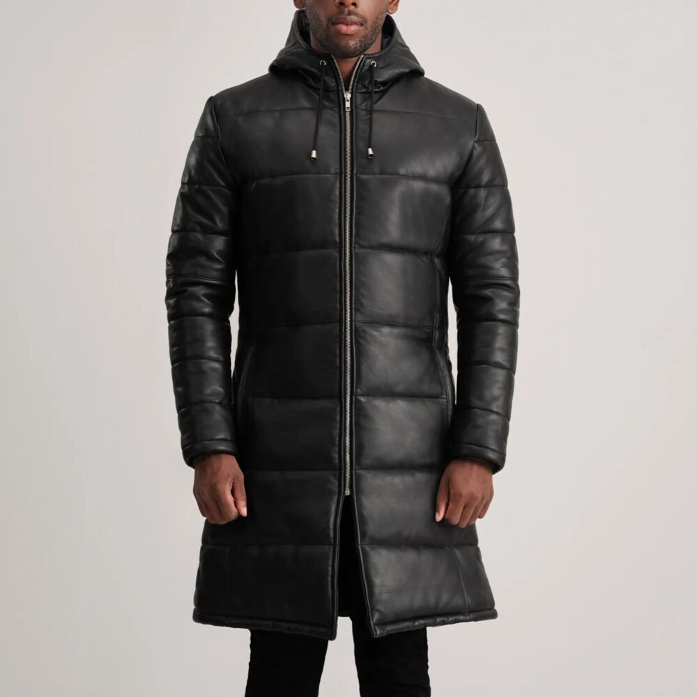 Kian Black Hooded Leather Puffer Coat for Men