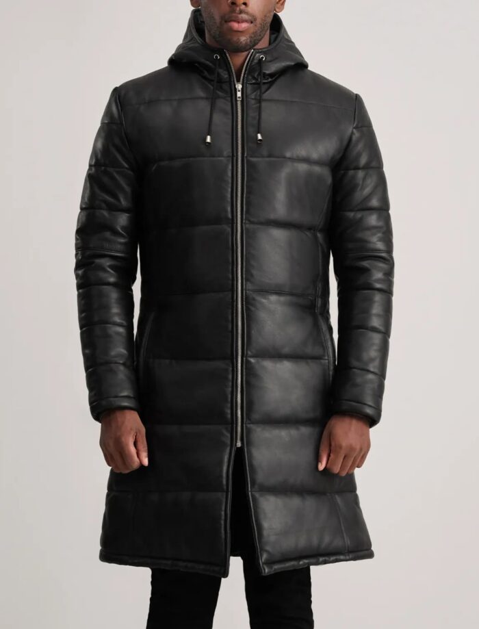 Kian Black Hooded Leather Puffer Coat for Men