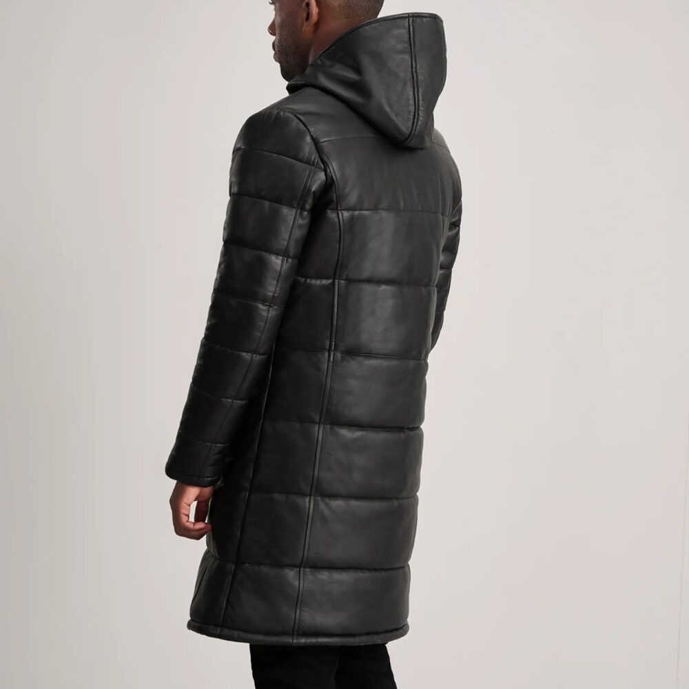 Kian Black Hooded Leather Puffer Coat for Men